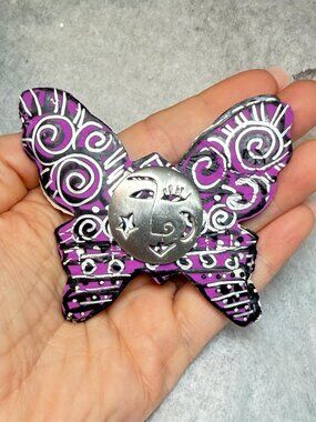 OOAK Upcycled Butterfly Brooch Silver Face Hand Painted Wood Vintage